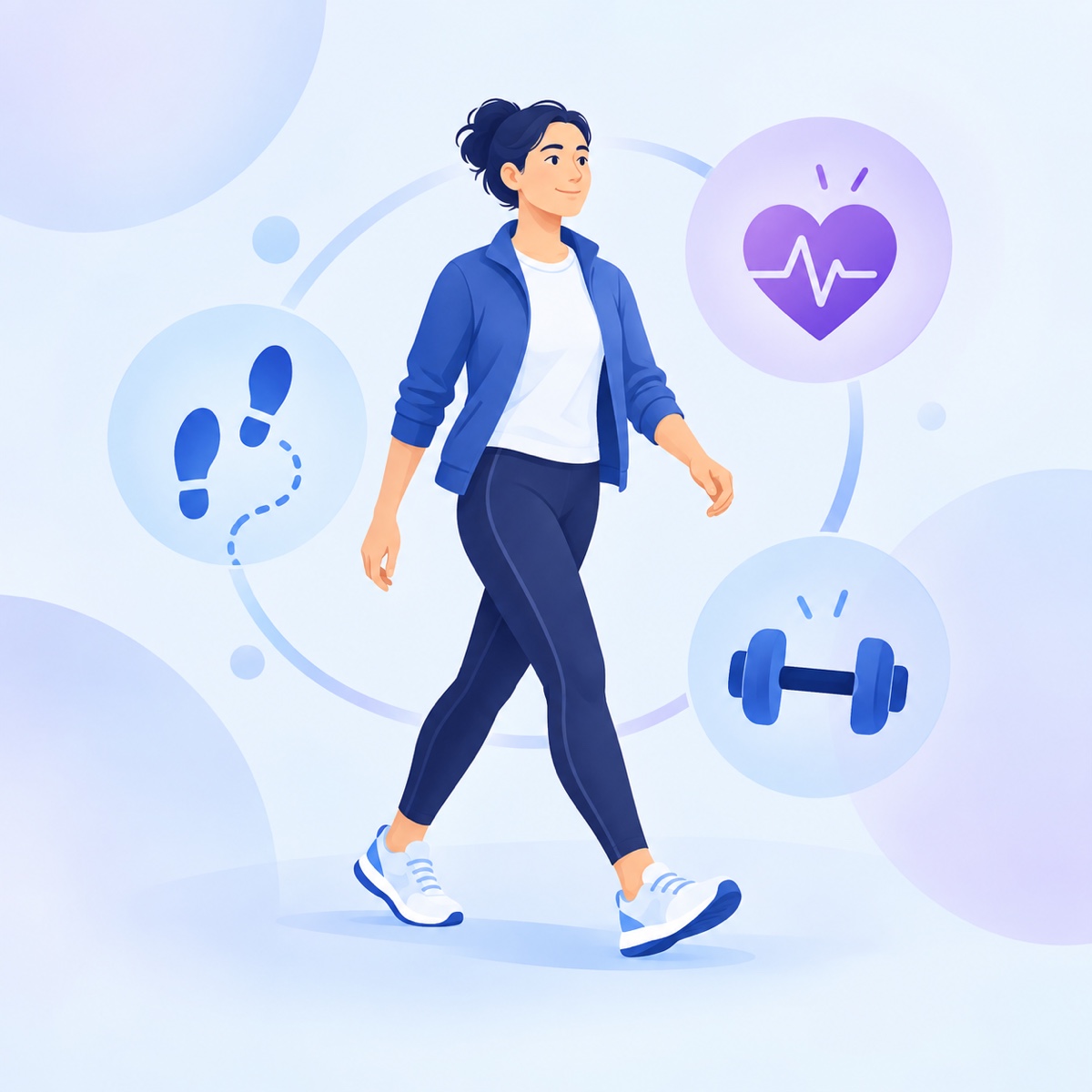 Quadratisches BodyWision-Visual mit einer gehenden Person sowie Symbolen für Schritte, Herz-Kreislauf-Training und Kraft.
