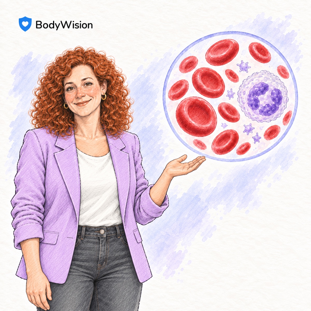 Quadratische BodyWision-Illustration einer Nutzerin mit einer Darstellung roter und weißer Blutkörperchen sowie Blutplättchen.