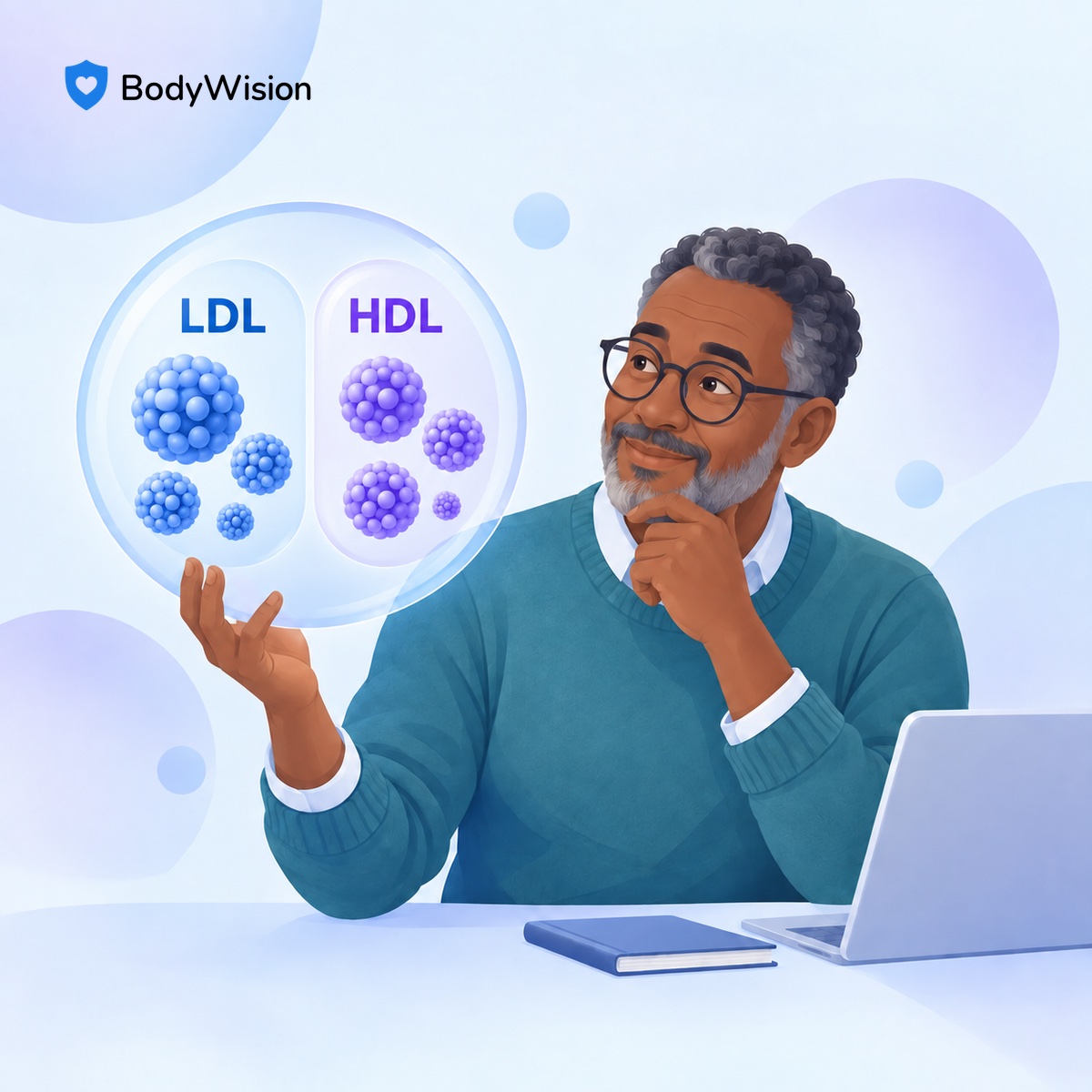 1:1-Illustration einer Person mit getrennt dargestellten, als LDL und HDL beschrifteten Lipoproteinpartikeln.