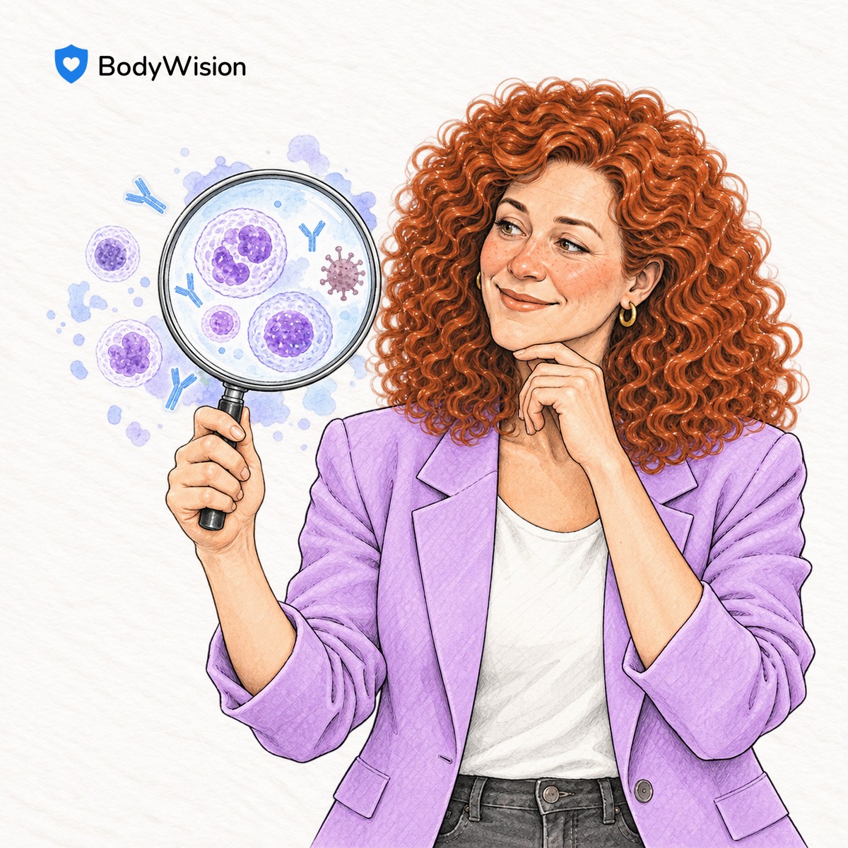 BodyWision-Avatar-Frau mit Lupe und symbolisch dargestellten Immunzellen.