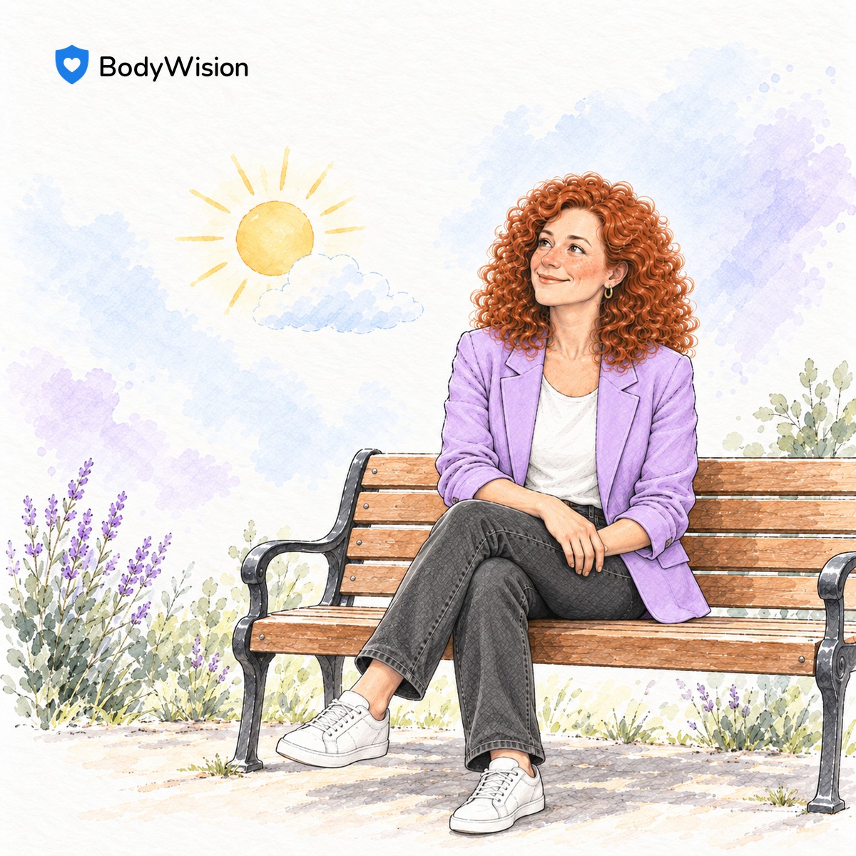 BodyWision-Avatar-Frau auf einer Parkbank mit Sonne und Wolke im Illustrationsstil.