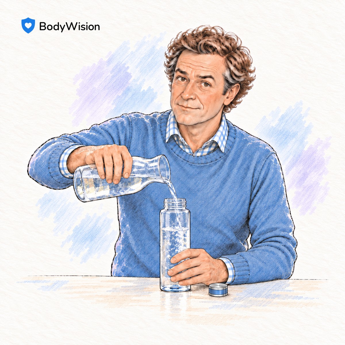 BodyWision-Illustration eines Mannes, der Wasser in eine Trinkflasche füllt.