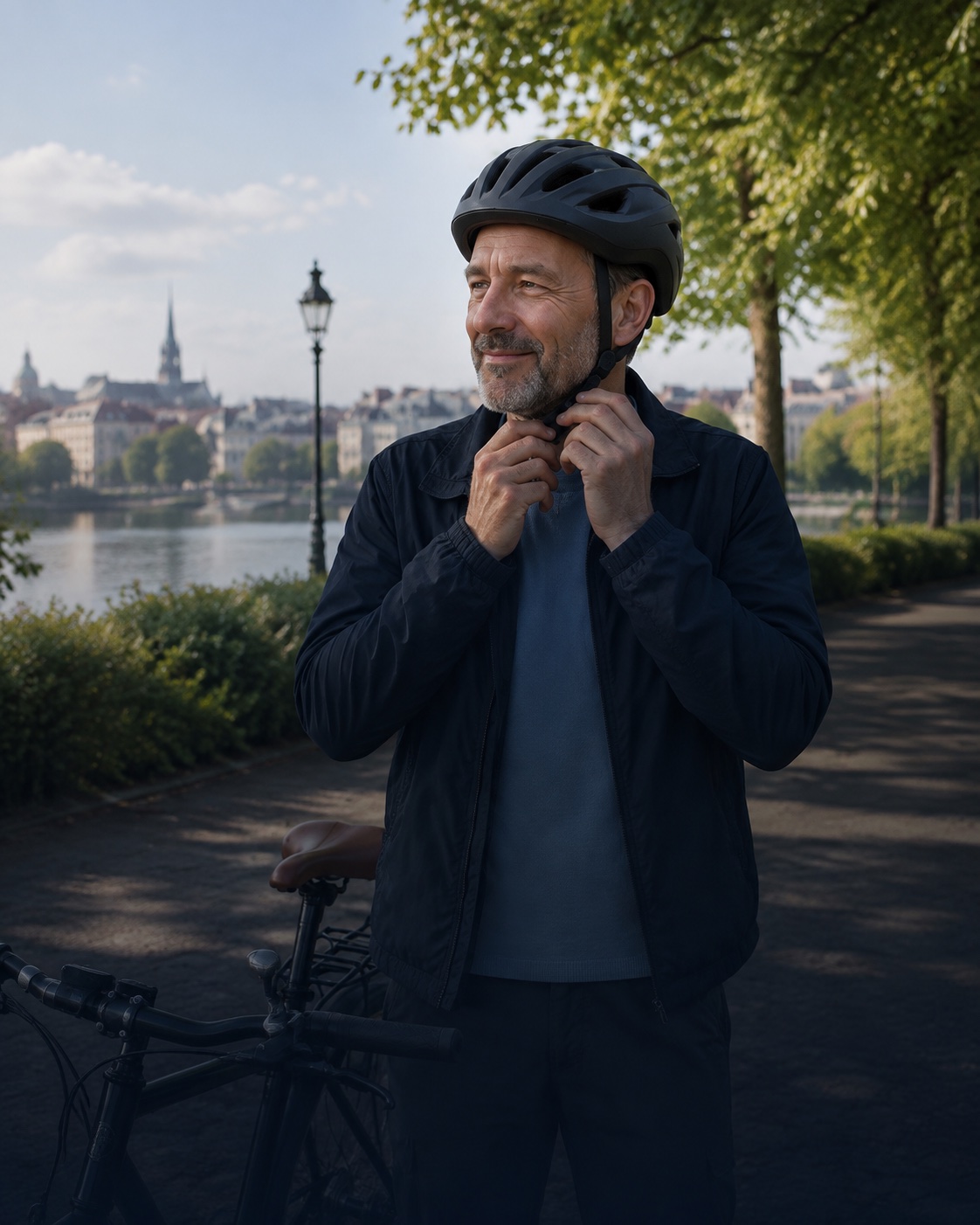 Active man wearing a bicycle helmet in a city park
